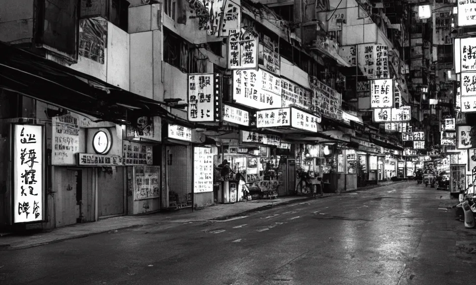 Prompt: 35mm Film photography original from 1988 by Annie Leibovitz and Ansel Adams of an alleyway lined with shops in Hong Kong with bright neon signs