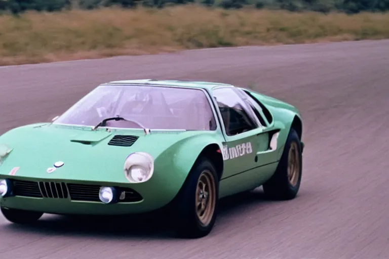 Image similar to vintage archival race footage of a single 1965 BMW M1, with elements of the De Tomaso Pantera F40, Lotus, GT40 and Countach, movie still, speed, cinematic Eastman 5384 film