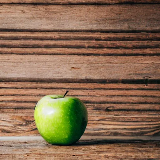 Prompt: a green apple on a wooden table, photograph, plain and simple