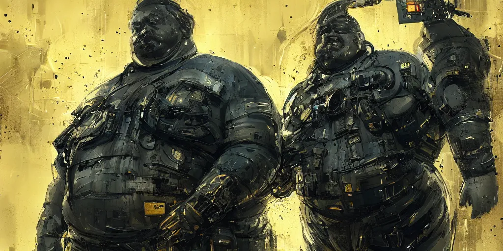 Image similar to portrait of a fat man sci fi soldier ranger, brutalist city architecture, dark epic, black and gold, cables and wires, high details, ceremonial clouds, dripping paint, fibonacci rhythm, artstation, art germ, wlop, pablo dominguez, sabbas apterus, award - winning, artstation