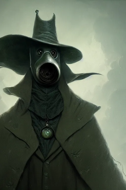 Image similar to A fancy portrait of a green plague doctor by Greg Rutkowski, Dan Mumford, Christophe Vacher, Sung Choi, Bloodborne, 8k photorealistic, volumetric lighting, HD, high details, dramatic, dark atmosphere, trending on artstation