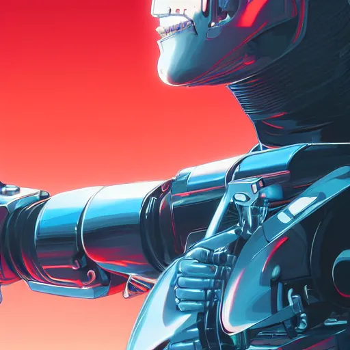 Prompt: James Cameron as the T-800 Terminator, the terminator robot looks exactly like James Cameron, eyes glowing red, ambient lighting, 4k, anime key visual, lois van baarle, ilya kuvshinov, rossdraws, artstation