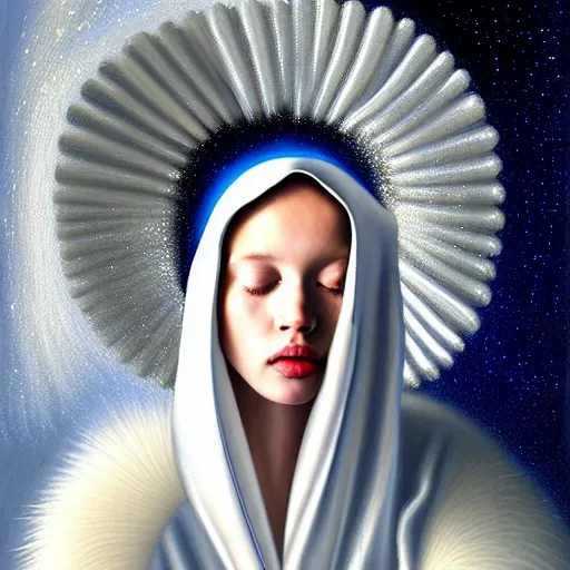 Image similar to beautiful high details hyper realistic painting of white angel in the hood coming from space with giant ball of miracle light from the chest!!!!!, 4 k hd face!!!, fashion face, no gender, giant silver holographic wings, by jan van eyck, holography space, white sparkles everywhere, thin strokes, high textures, silver background