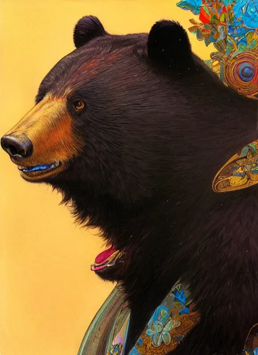 Image similar to portrait of anthropomorphic asian black bear, colorful, highly detailed, digital painting, artstation, concept art, smooth, sharp focus, illustration, art by artgerm and greg rutkowski and alphonse mucha