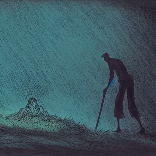 Image similar to a man with a shovel standing next to an open grave with a body in it, subtle blue, orange, and dark green tones, high quality, high detail, dark colors, sinister atmosphere, dramatic lighting, cinematic, establishing shot, extremely high detail, photo realistic, cinematic lighting, pen and ink, intricate line drawings, by Yoshitaka Amano, Ruan Jia, Kentaro Miura, Artgerm, post processed, concept art, artstation, matte painting, style by eddie mendoza, raphael lacoste, alex ross