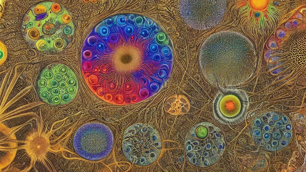 Image similar to quantum connections represented as symbiotic organisms like cells playing around with colorful lights by ernst haeckel, hostile environment, greedy