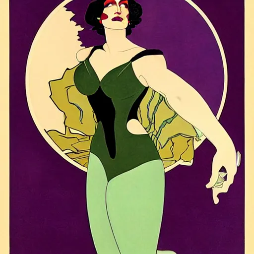 Image similar to Eva Green is Metamorpho, the Element Woman, Art by Coles Phillips, Chalk white skin, deep purple hair, Green eyes, Portrait of the actress, Eva Green as Metamorpho, art deco, Alphonse Mucha, carbon black and antique gold