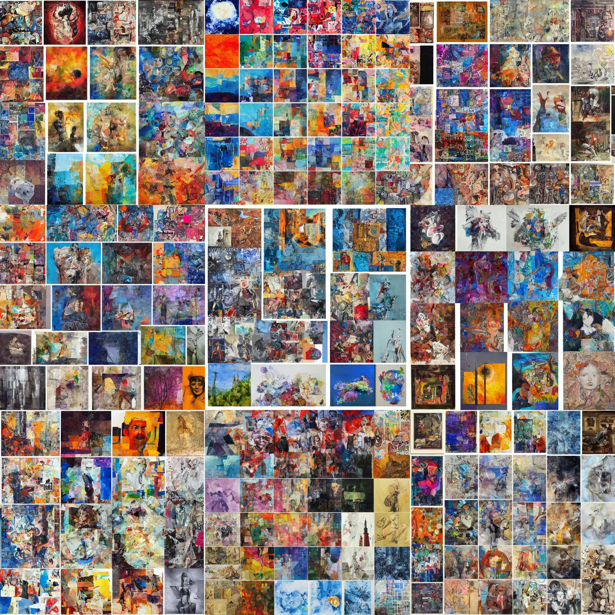 Prompt: 3x3 collage of paintings all by different artists