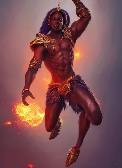 Image similar to a highly detailed illustration of attractive young african fire god with short hair, flaming feet and hands, heroic jumping pose, intricate, elegant, highly detailed, centered, digital painting, artstation, concept art, smooth, sharp focus, league of legends concept art, wlop