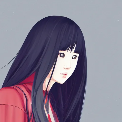 Prompt: portrait of a beautiful korean girl with very long hair and bangs, angular features, angry expression, wearing a black hoodie, in the style of A-1 studio, extremely clean lines, anime and manga style, anime concept art