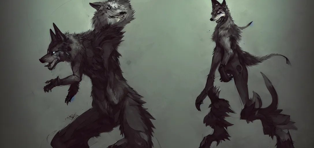 Prompt: concept art of anthropomorphized wolf fullbody, night themed, highly detailed painting by dustin nguyen, akihiko yoshida, greg tocchini, 4 k, trending on artstation, 8 k