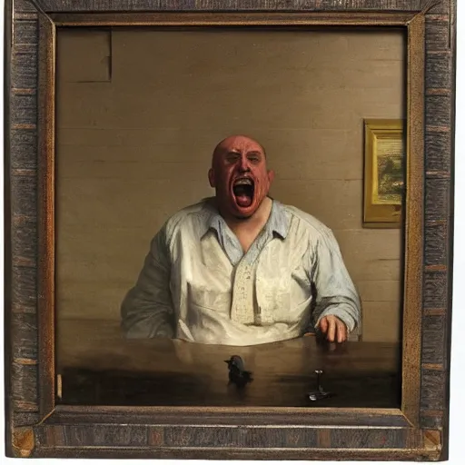 Image similar to an angry man yells at his computer monitor, oil on canvas, 1 8 8 3, highly detailed