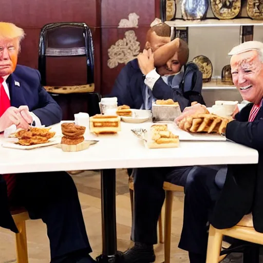 Image similar to trump and Biden sitting and eating breakfast at a Wafflehouse