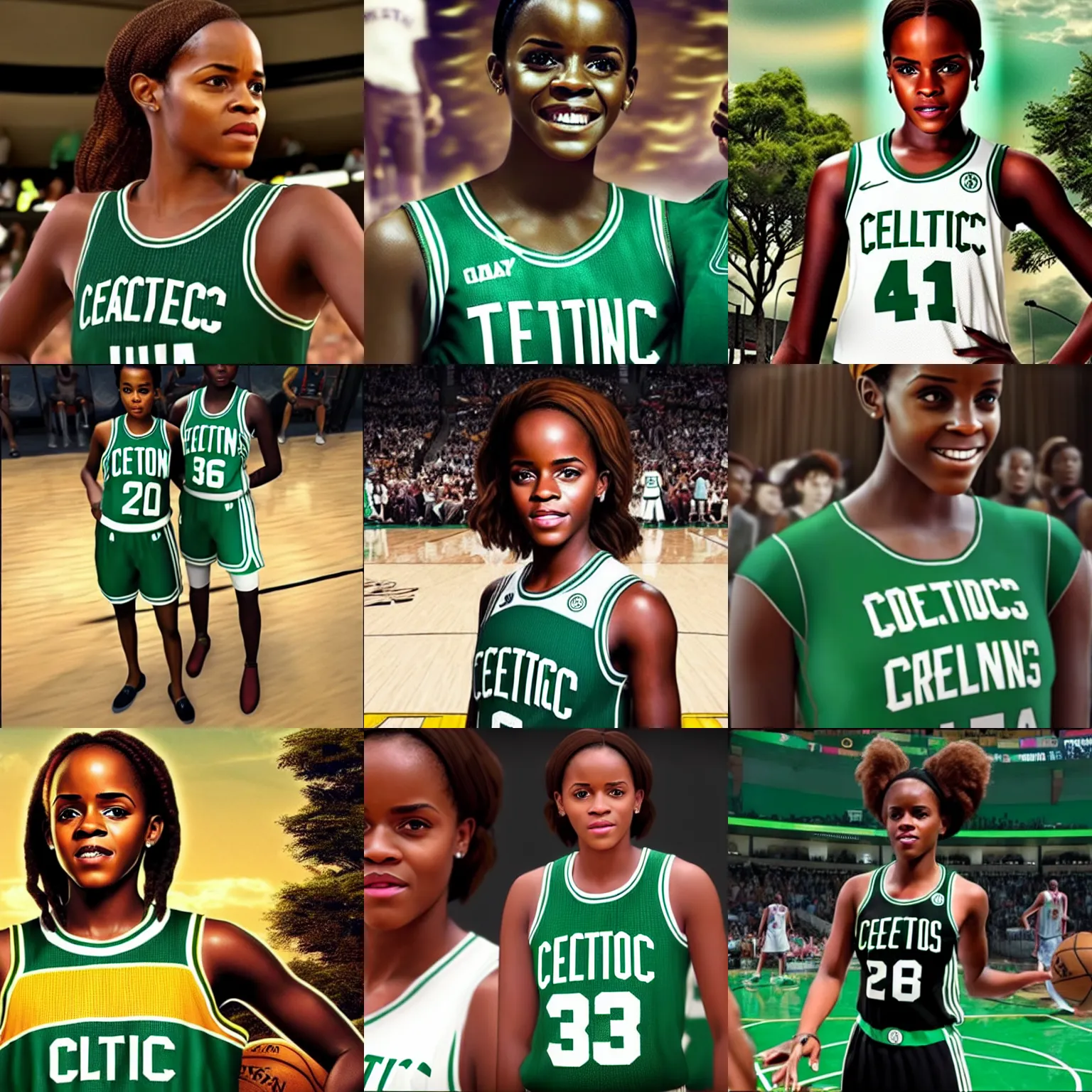 Prompt: african emma watson wearing a celtics jersey in nba 2 k 2 2, ps 4, promotional image