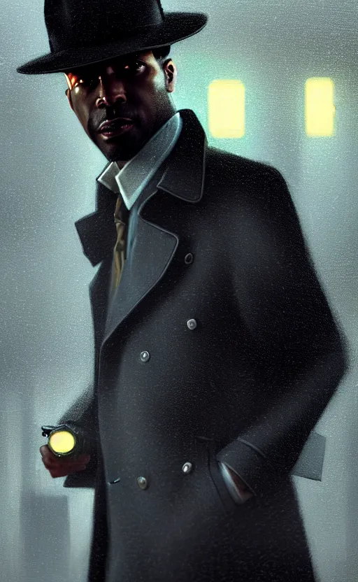 Prompt: hyper - realistic, digital matte painting of an attractive black male detective wearing a fedora, suit and trench coat, blade runner environment, cinematic lighting, 4 k textures, sharp focus, by greg rutkowski, by ilya kuvshinov, by eric - anthony johnson