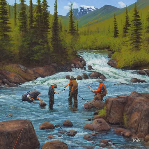 Image similar to tardigrade fishing for salmon at Brooks Falls in Alaska, landscape painting by Moran and George Caitlin