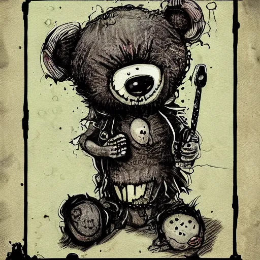 Image similar to dark art cartoon grunge drawing of a teddy bear playing with toys with bloody eyes by tim burton - loony toons style, horror theme, detailed, elegant, intricate, trending on art station