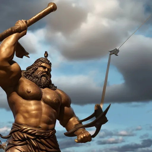 Image similar to a grand bronze statue of a burly muscular viking wielding a halberd, holding a hanging ancient scale balance in one outstretched hand, with a small building located on the scale balance, flowing hair and long robes, regal and menacing visage, built in a verdant field surrounded by ancient ruins, twilight sky, enhanced 4 k stylized digital art