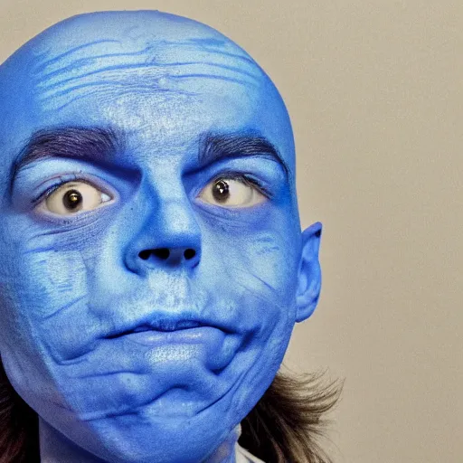 Prompt: a blue man with a face both on his stomach and his head