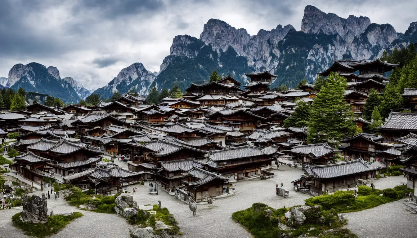 Prompt: ancient japanese town in the dolomites mountains, pagodas