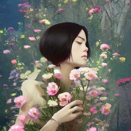 Image similar to kittens in flowers, intricate complexity, by greg rutkowski, artgerm, ross tran, conrad roset, takato yomamoto, ilya kuvshinov. 4 k, beautiful, cinematic dramatic atmosphere