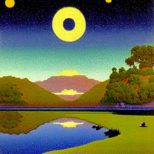 Image similar to night sky reflected in the water, landscape pixel art by maxfield - parrish