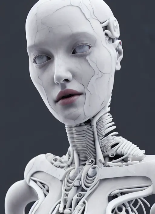 Prompt: a bloody statue made of white marble, of an gorgeous futuristic cybernetic angel girl, prostheses, transhumanism, full body shot, perfect symmetrical body, perfect symmetrical face, hyper realistic, hyper detailed, by quentin tarantino by johannen voss, by michelangelo, octane render, blender, 8 k