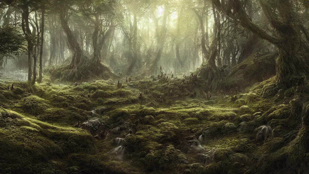 Prompt: peaceful elven forest, thick forest filled with elven warriors, by alan lee, michal karcz, smooth details, lord of the rings, game of thrones, smooth, detailed terrain, oil painting, trending artstation, concept art, fantasy matte painting