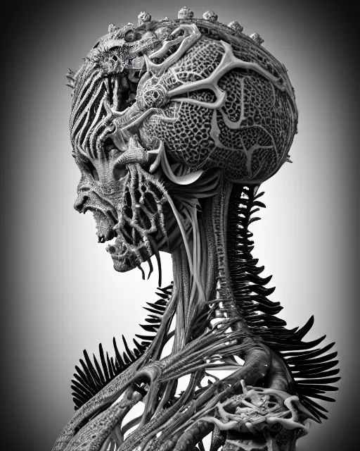Image similar to a black and white high quality old photo of a young beautiful female queen-dragon-cyborg bust with a very long neck and Mandelbrot fractal face, Mandelbrot fractal skin, flesh, anatomical, facial muscles, veins, arteries, elegant, highly detailed, flesh highly baroque ornate, hair are wired cables, elegant, high fashion, rim light, octane render, in the style of H.R. Giger and Louis Daguerre, Realistic, tintype, Refined, Digital Art, Highly Detailed, Cinematic Lighting, rim light, black and white, photo-realistic, 8K