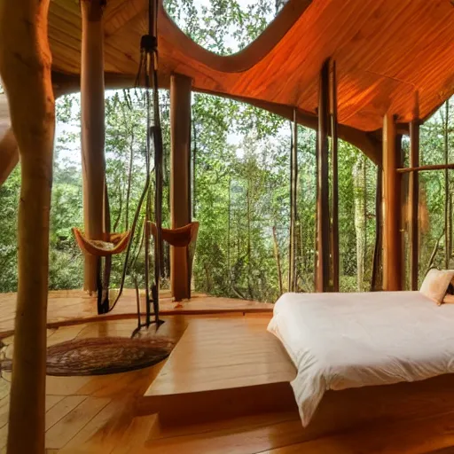 Image similar to interior of an epic treehouse. modern design, window viewing forest canopy, wooden bridge