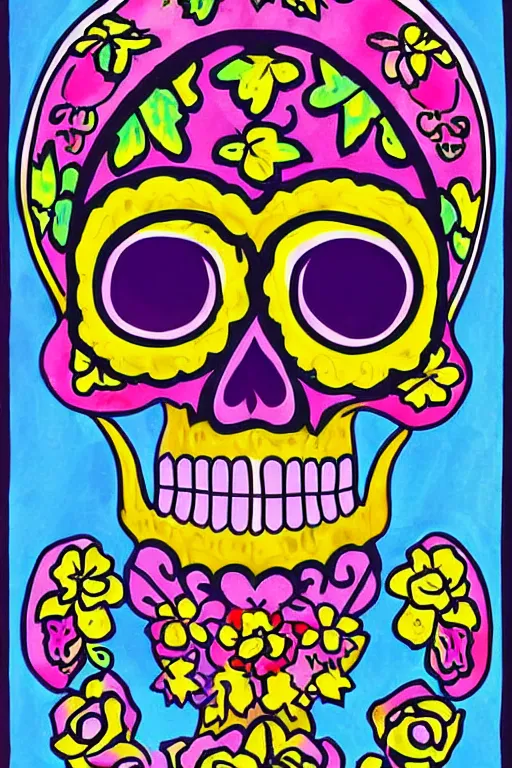 Prompt: Illustration of a sugar skull day of the dead girl, art by peter max