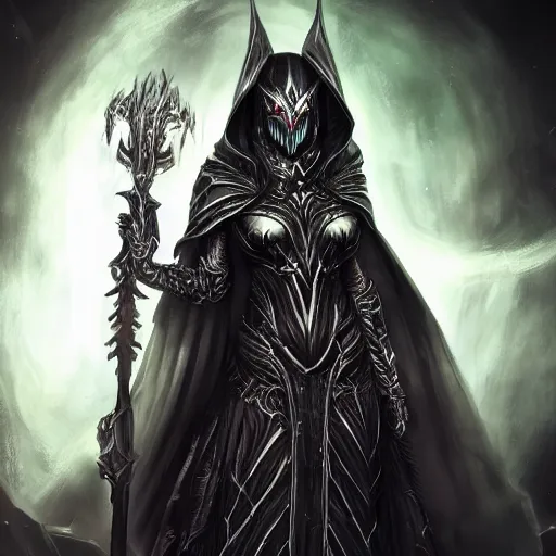 Image similar to character concept, beautiful warlock in armor, black hair, hooded cowl, intricate smooth patterns, cosmic armor, diablo splash art, cinematic lighting, hr giger style