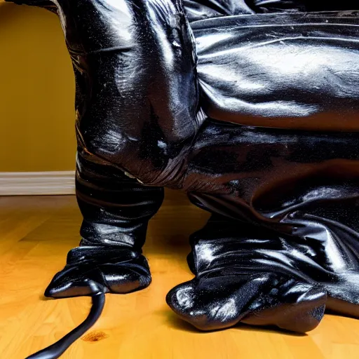 Prompt: a shiny black goo covered panther laying on a white couch in a living room, dripping black goo. digital art, photography, latex, reflective. highly detailed, 4 k, photograph - n 9