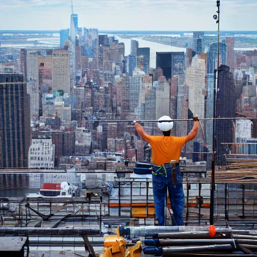 Image similar to a construction worker with a fishing rod sitting on a metal beam high over new york city, photography