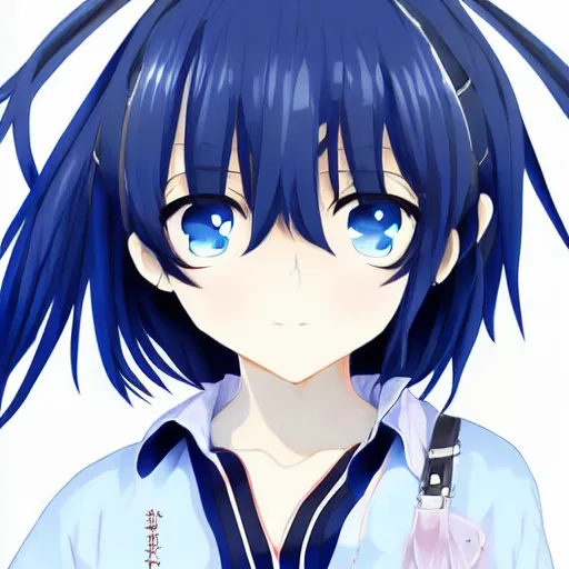 Image similar to a anime girl with blue eyes and a white shirt, a character portrait by Jin Homura, featured on pixiv, mingei, booru, white background, anime