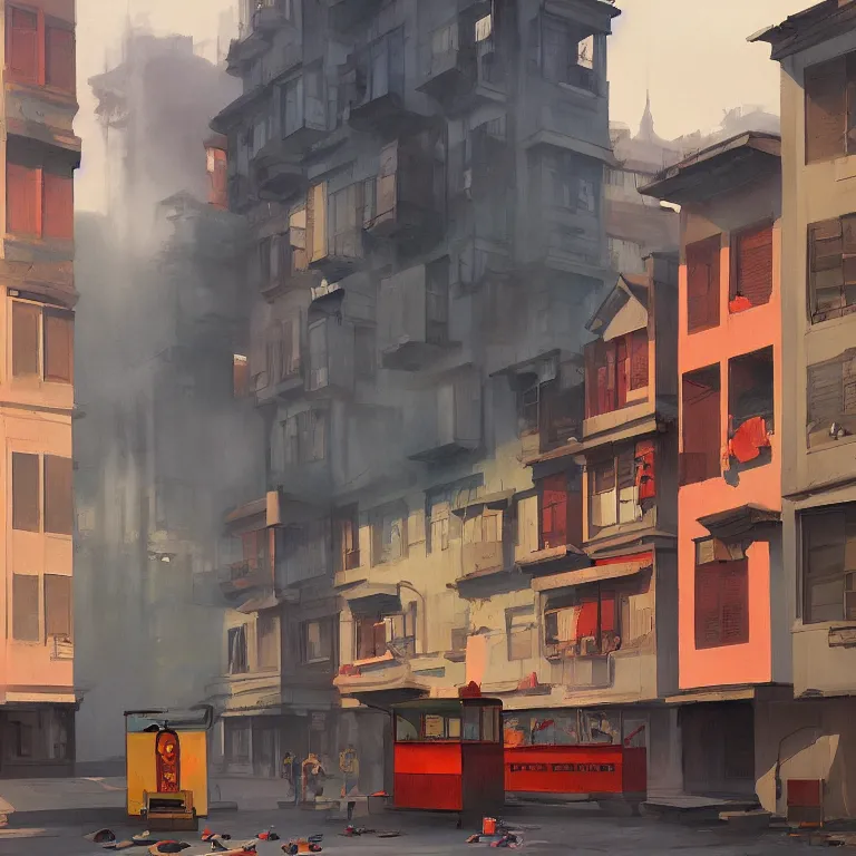 Prompt: honk kong slums in smoke, , painted by Edward Hopper, painted by James Gilleard, airbrush