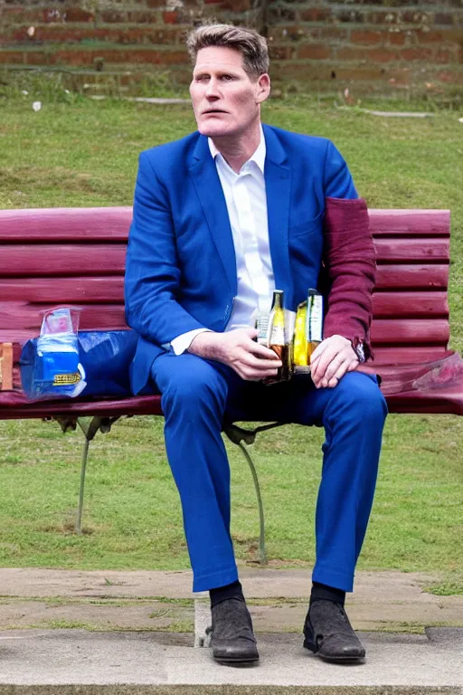 Image similar to Sir Kier Starmer in a blue suit wearing a flat cap on his head sitting on a bench alone holding a large plastic green bottle of cider, at his feet are empty cans and bottles