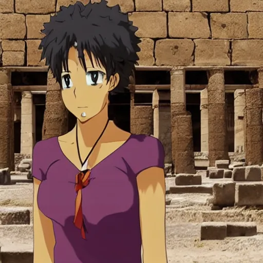 Image similar to A anime still of a portrait of a black woman with ancient egypt ruins as background