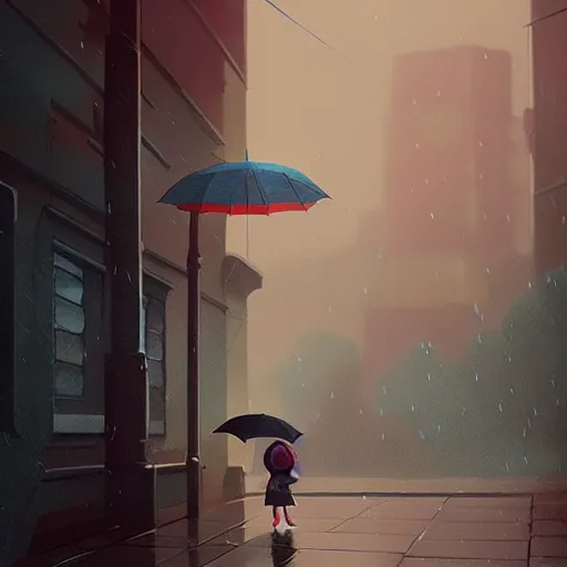 Prompt: a little girl holding an umbrella in the rain, a storybook illustration by atey ghailan, trending on cgsociety, cynical realism, storybook illustration, 2 d game art, rendered in unreal engine