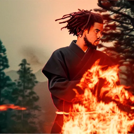 Image similar to cinematic film still J Cole starring as a Samurai holding fire, Japanese CGI, VFX, 2022, 40mm lens, shallow depth of field,film photography