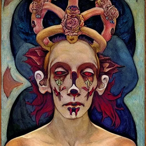 Prompt: the bone crown coronation, by Annie Swynnerton and Nicholas Roerich and (((Diego Rivera))) and (((Edmund Dulac))), bioluminescent skin, floral tattoos, goth costume, geometric ornament, symbolist, rich colors, dramatic lighting, smooth, sharp focus, extremely detailed