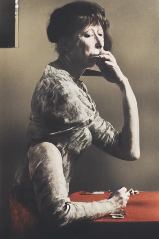 Image similar to overpainted photography portrait of a woman smoking a cigarette at a table by cindy sherman and gerhard richter, dim light, black and white