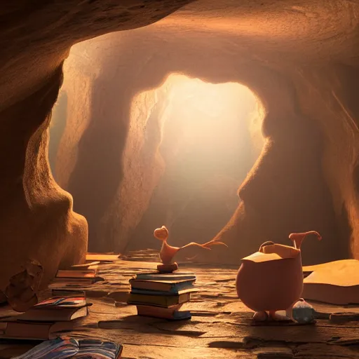 Image similar to books cave, 3 d render, incredible details, highly detailed, photorealistic, disney pixar, smooth, octane render, iridescent, 8 k