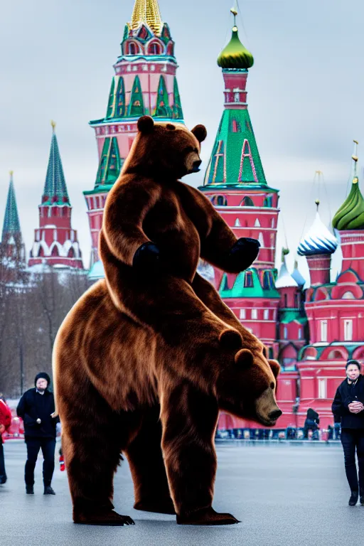 Prompt: a picture of putin ride robotic bear in moscow. - photorealistic, elegant, confident posse, denoise image, pullitzer winning, taken with canon eos 5 d mark iv, versatile, lens interoperability, autofocus, 4 k uhd video capture at 3 0 fps, 8 k time - lapse functions, by karah mew, jodie bateman