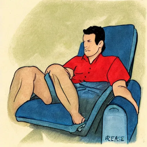 Image similar to short firefighter, asleep on a blue reclining chair, dark hair