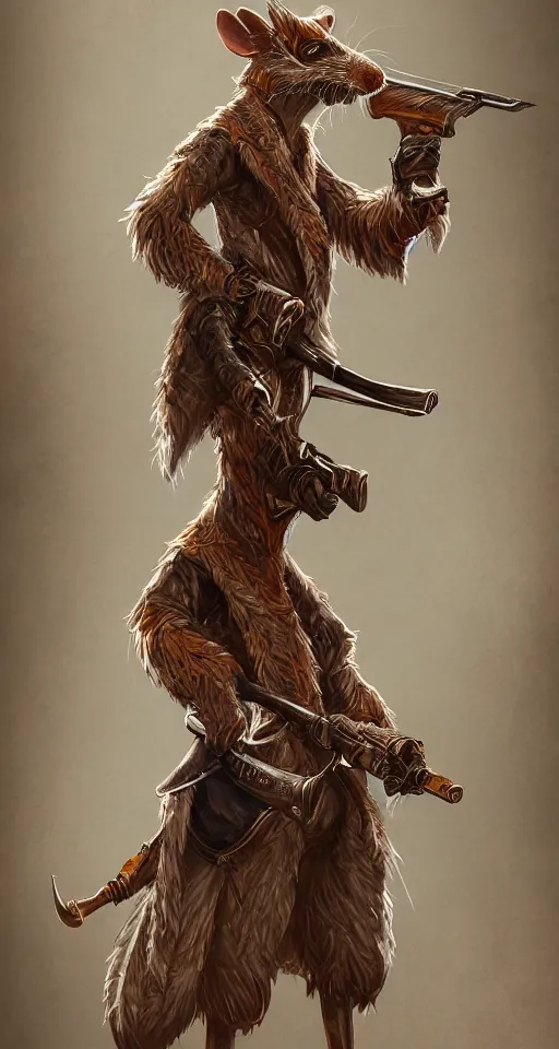 Image similar to a highly detailed illustration of one anthropomorphic rat wearing a long coat holding a wooden shotgun, dramatic standing, intricate, elegant, highly detailed, centered, digital painting, artstation, concept art, smooth, sharp focus, league of legends concept art, wlop