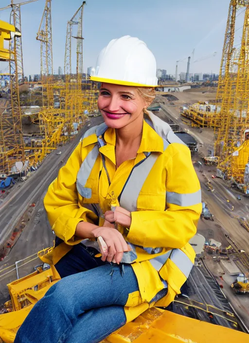 Image similar to closeup portrait of cheerful young cameron diaz as a crane operator, yellow hardhat, sitting in a crane, natural light, bloom, detailed face, magazine, press, photo, steve mccurry, david lazar, canon, nikon, focus