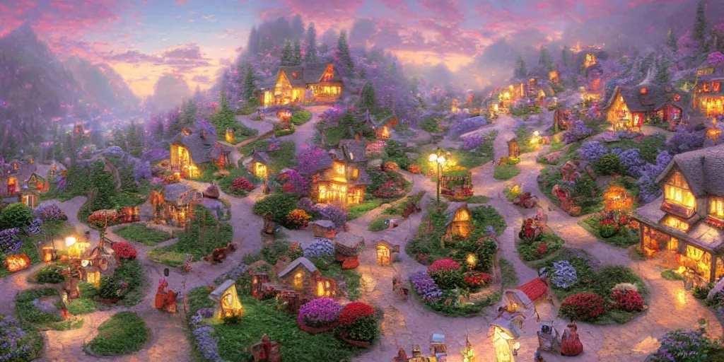 Prompt: tiny munchkin town, Thomas kinkade