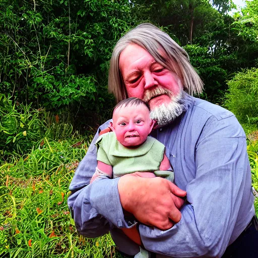 Image similar to robert wyatt cradling a goblin like a baby, photograph