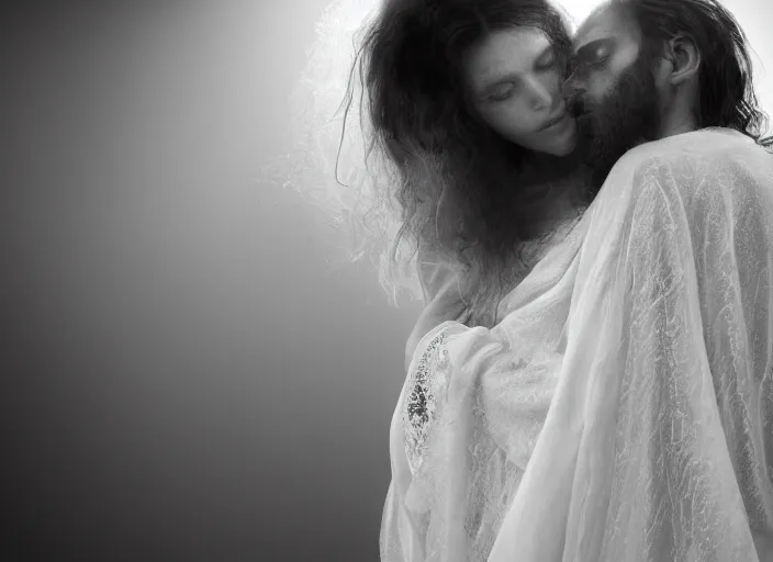 Image similar to jesus hugging a woman, spirit hugs, in style of paolo roversi, britt marling style 3 / 4, a beautiful ethereal lace white robe, close - up, 8 k, soft focus, soft light, volumetric lighting, highly detailed realistic, refined, highly detailed, natural outdoor soft pastel lighting colors scheme